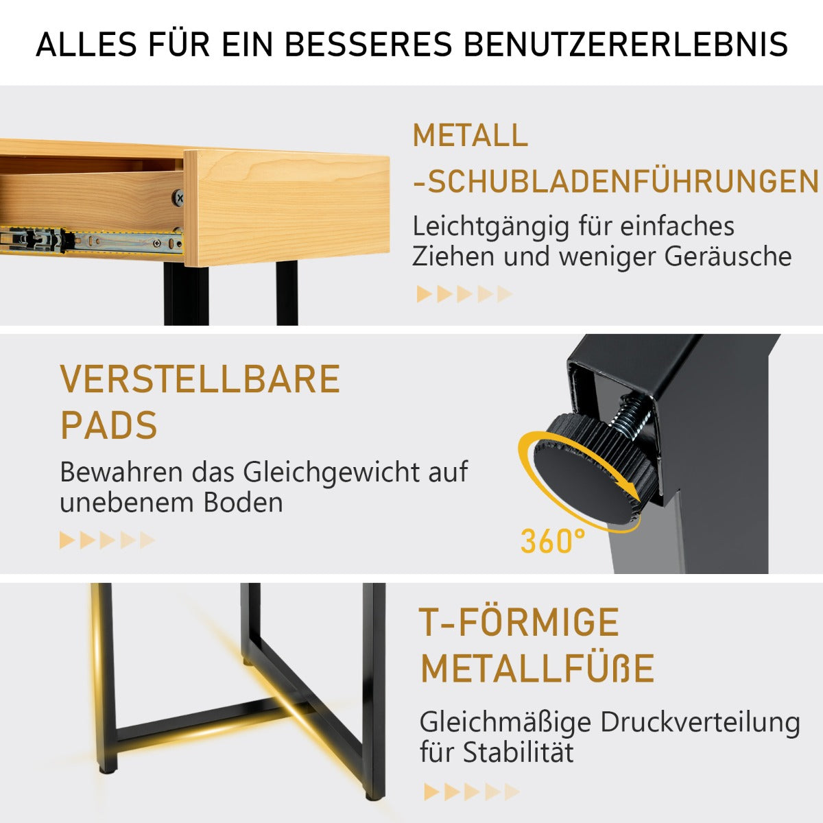 Costway - 120 cm Langer Computertisch mit Schublade & Verstellbaren Pads Computertisch Natur