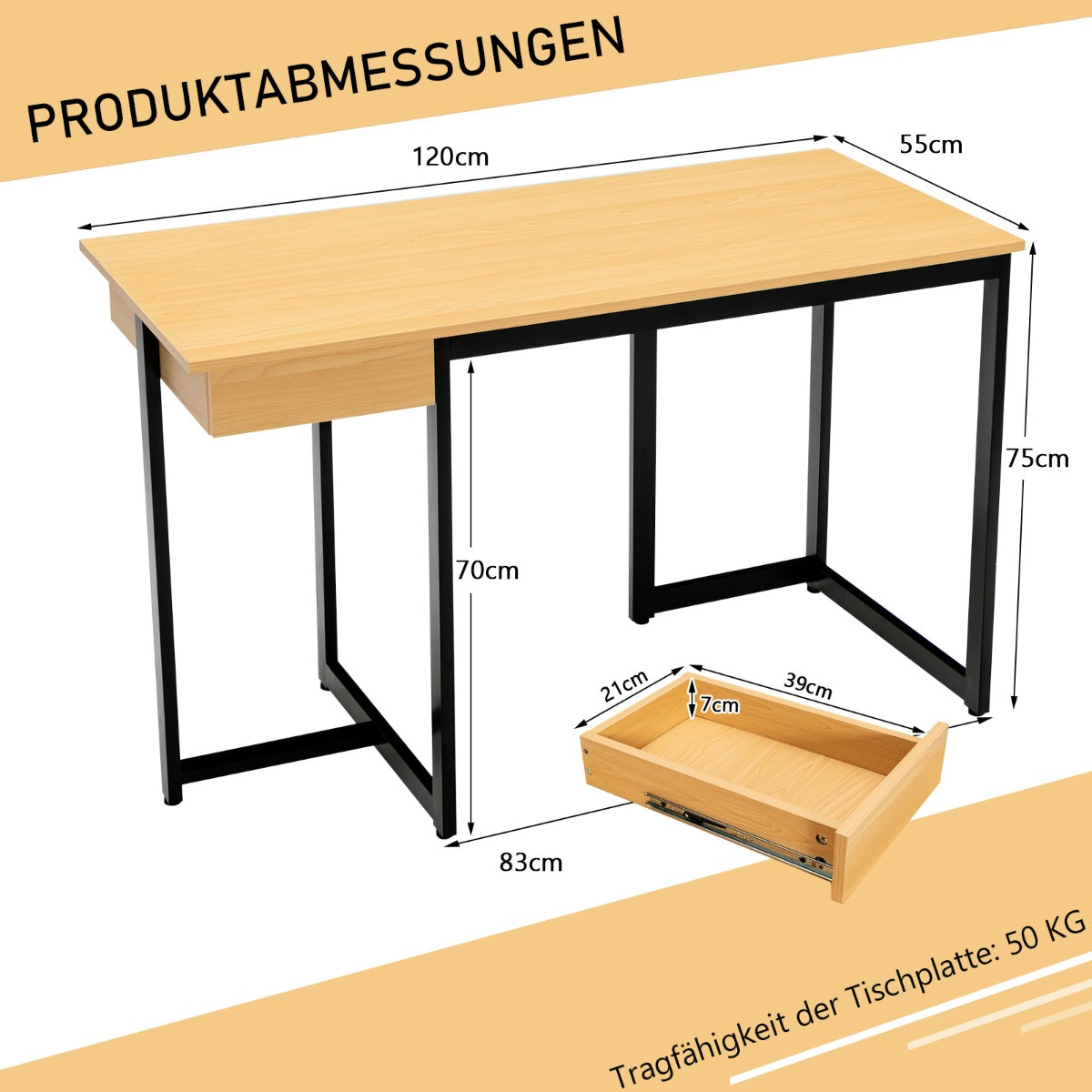 Costway - 120 cm Langer Computertisch mit Schublade & Verstellbaren Pads Computertisch Natur