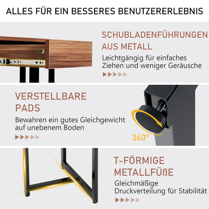 Costway - 120 cm langer Computertisch mit Schublade & Verstellbaren Pads Computertisch Walnuss