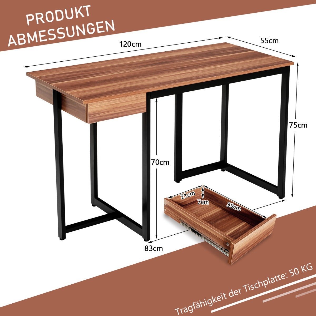 Costway - 120 cm langer Computertisch mit Schublade & Verstellbaren Pads Computertisch Walnuss