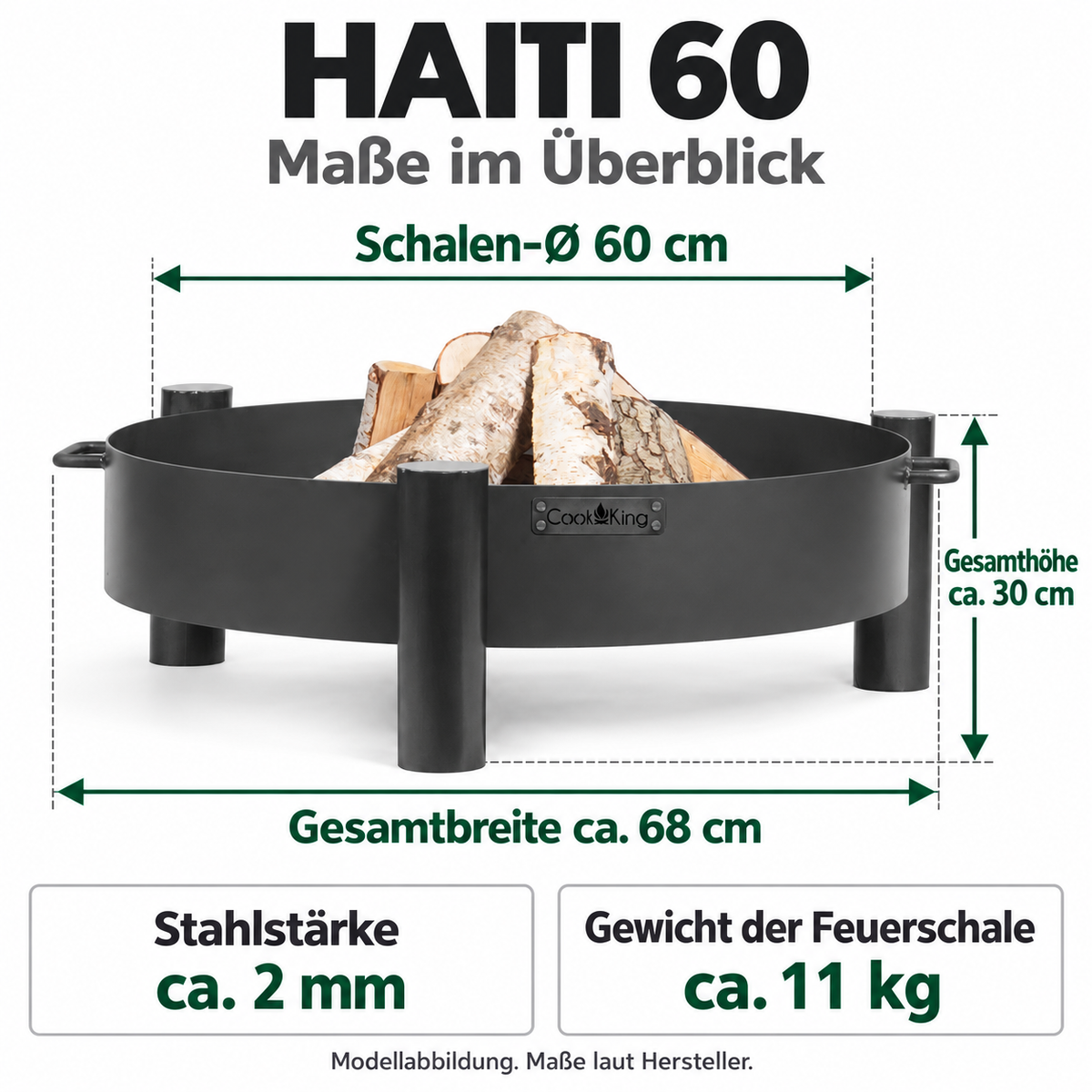 HAITI 60: Schalen-Ø 60 cm; Gesamthöhe ca. 30 cm; Stahlstärke ca. 2 mm; Gewicht der Feuerschale ca. 11 kg.
