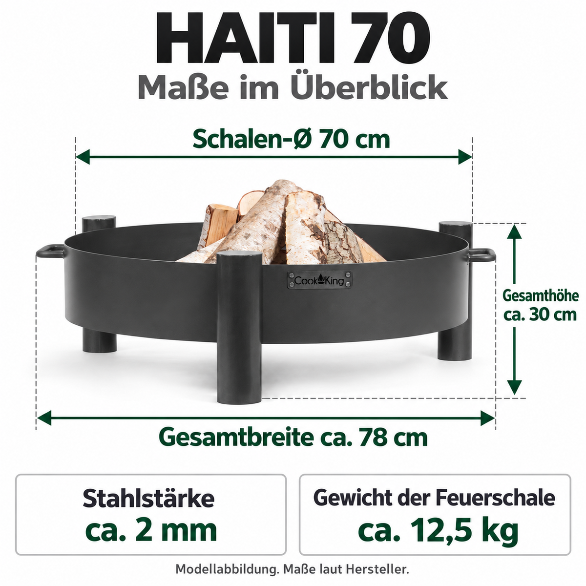 HAITI 70: Schalen-Ø 70 cm; Gesamthöhe ca. 30 cm; Stahlstärke ca. 2 mm; Gewicht der Feuerschale ca. 12,5 kg.