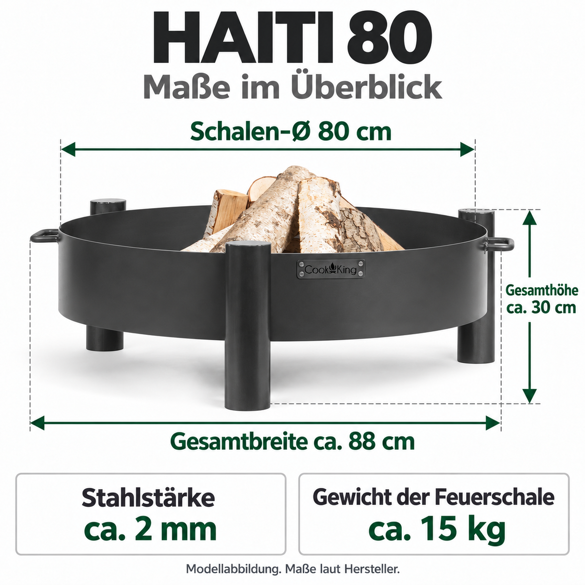HAITI 80: Schalen-Ø 80 cm; Gesamthöhe ca. 30 cm; Stahlstärke ca. 2 mm; Gewicht der Feuerschale ca. 15 kg.