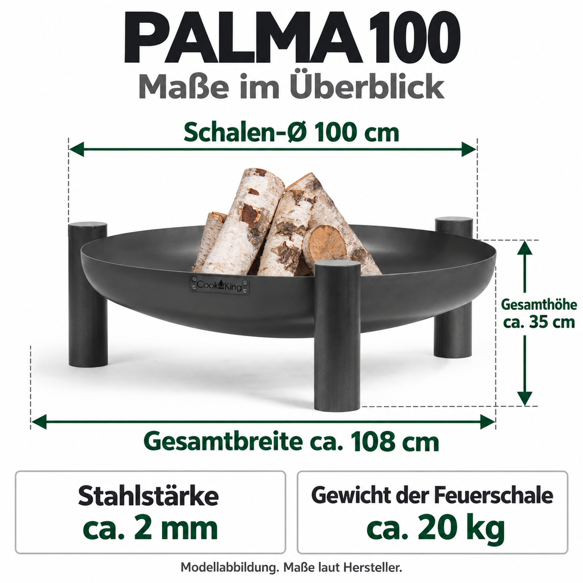 PALMA 100: Schalen-Ø 100 cm; Gesamthöhe ca. 35 cm; Stahlstärke ca. 2 mm; Gewicht der Feuerschale ca. 20 kg.