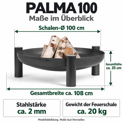 PALMA 100: Schalen-Ø 100 cm; Gesamthöhe ca. 35 cm; Stahlstärke ca. 2 mm; Gewicht der Feuerschale ca. 20 kg.