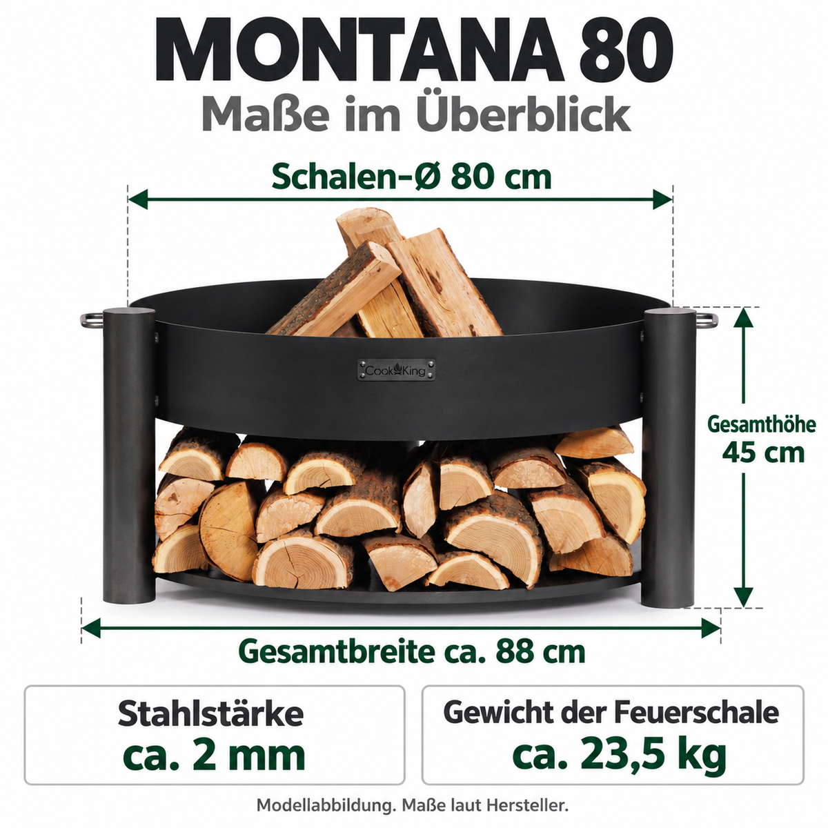 MONTANA 80: Schalen-Ø 80 cm; Gesamthöhe 45 cm; Stahlstärke ca. 2 mm; Gewicht der Feuerschale ca. 23,5 kg.