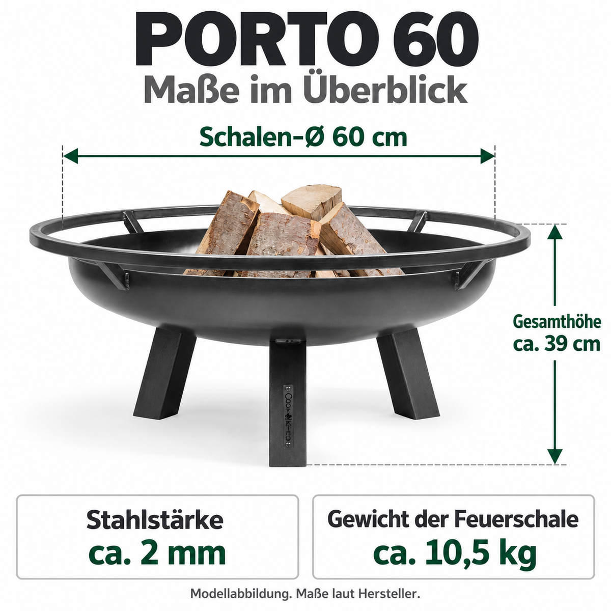 PORTO 60: Schalen-Ø 60 cm; Gesamthöhe ca. 39 cm; Stahlstärke ca. 2 mm; Gewicht der Feuerschale ca. 10,5 kg.
