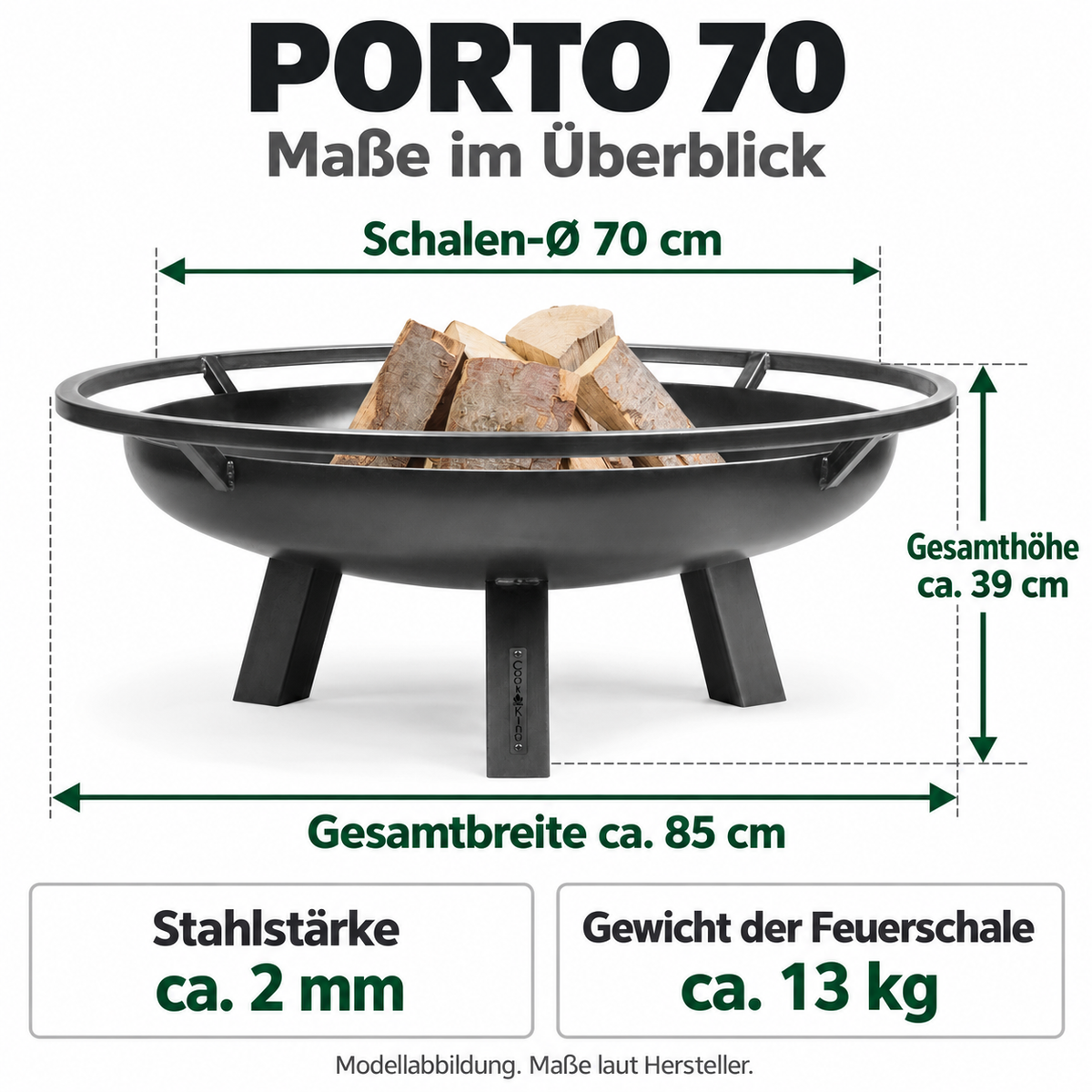 PORTO 70: Schalen-Ø 70 cm; Gesamthöhe ca. 39 cm; Stahlstärke ca. 2 mm; Gewicht der Feuerschale ca. 13 kg.
