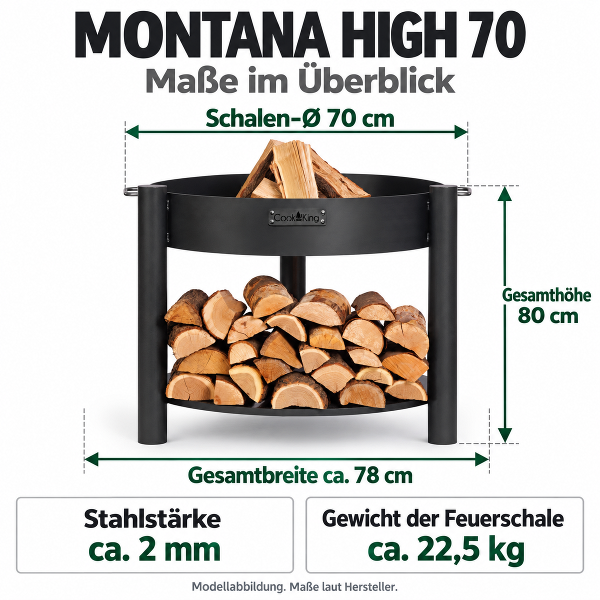 MONTANA HIGH 70: Schalen-Ø 70 cm; Gesamthöhe 80 cm; Stahlstärke ca. 2 mm; Gewicht der Feuerschale ca. 22,5 kg.