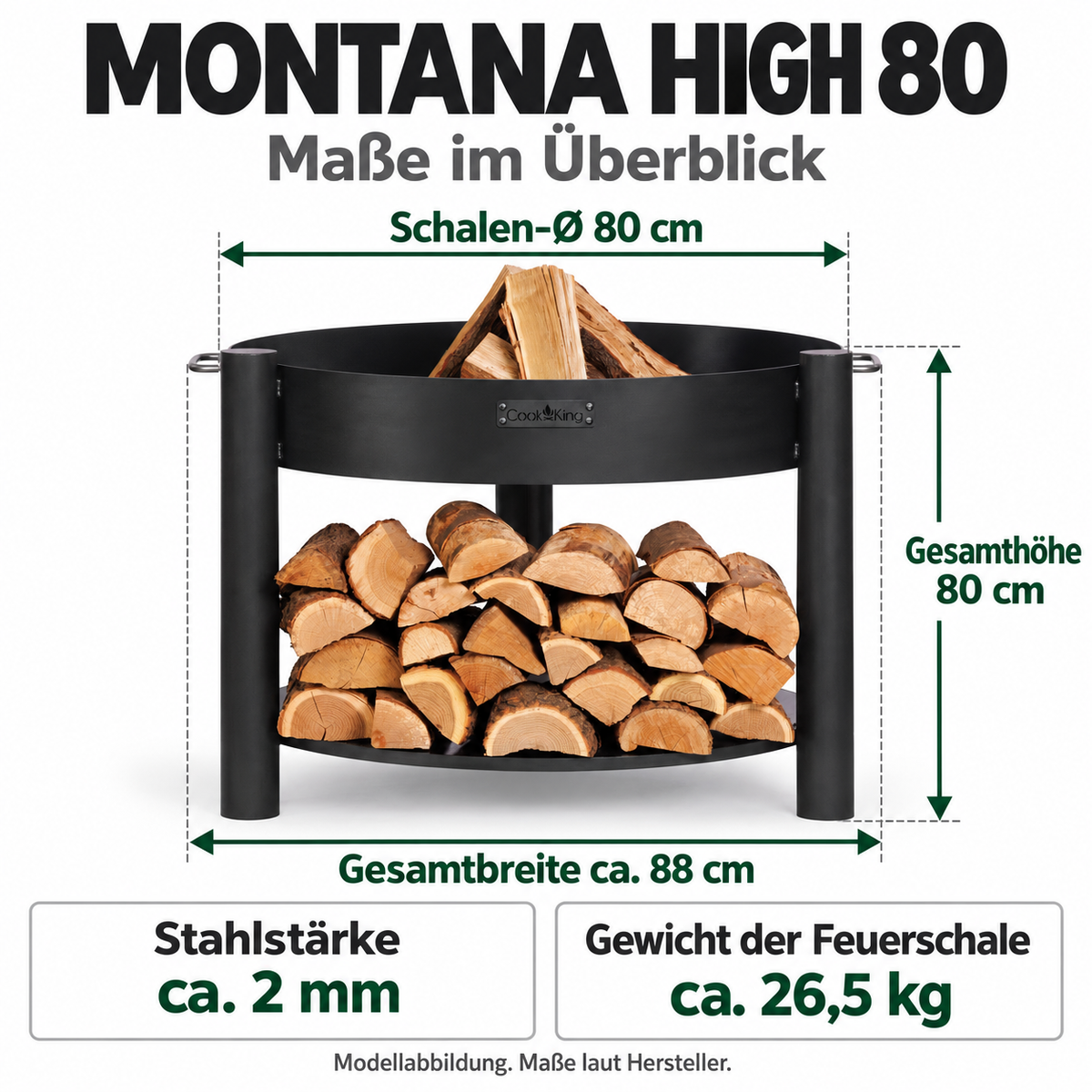 MONTANA HIGH 80: Schalen-Ø 80 cm; Gesamthöhe 80 cm; Stahlstärke ca. 2 mm; Gewicht der Feuerschale ca. 26,5 kg.