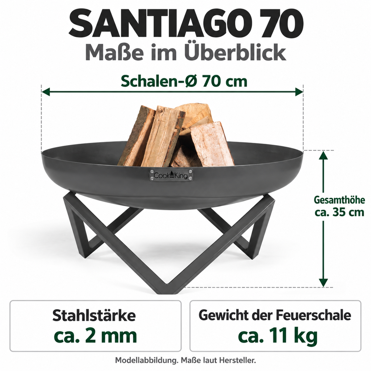 SANTIAGO 70: Schalen-Ø 70 cm; Gesamthöhe ca. 35 cm; Stahlstärke ca. 2 mm; Gewicht der Feuerschale ca. 11 kg.