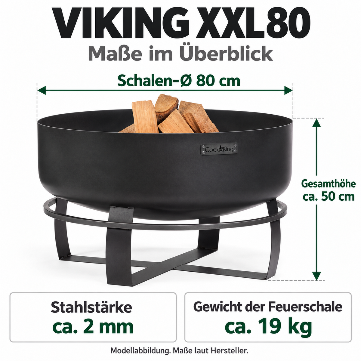 VIKING XXL 80: Schalen-Ø 80 cm; Gesamthöhe ca. 50 cm; Stahlstärke ca. 2 mm; Gewicht der Feuerschale ca. 19 kg.