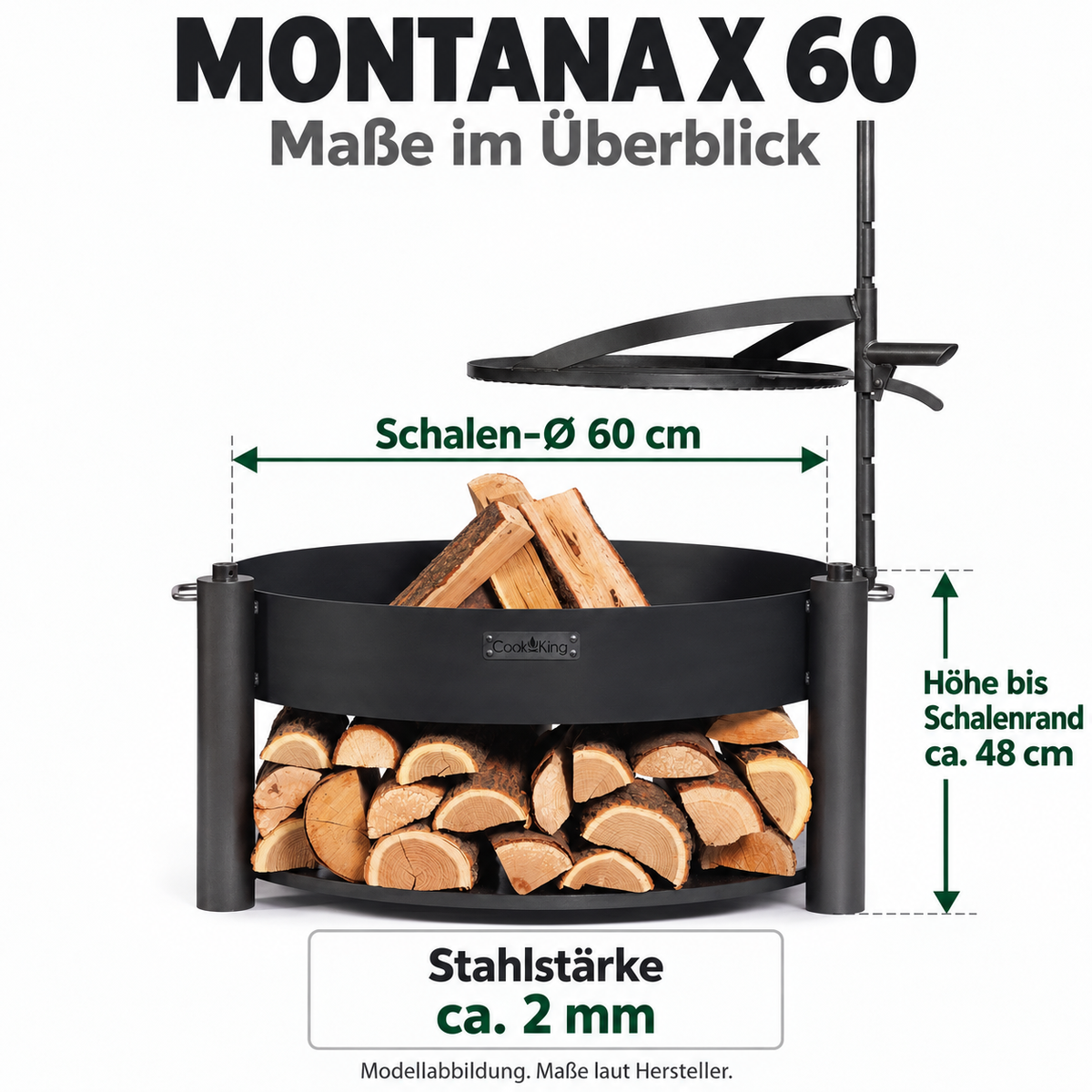 MONTANA X 60: Schalen-Ø 60 cm; Höhe bis Schalenrand ca. 48 cm; Stahlstärke ca. 2 mm.