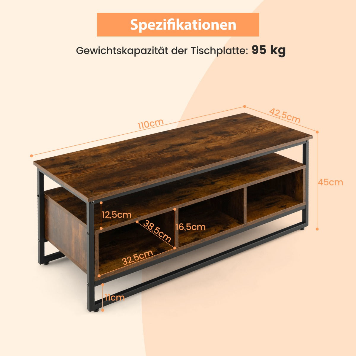 TV-Schrank, Couchtisch, Sofatisch, mit Stauraum Industrieller Tisch mit Offenen Regalen, 110 x 42,5 x 45 cm, Costway, 7