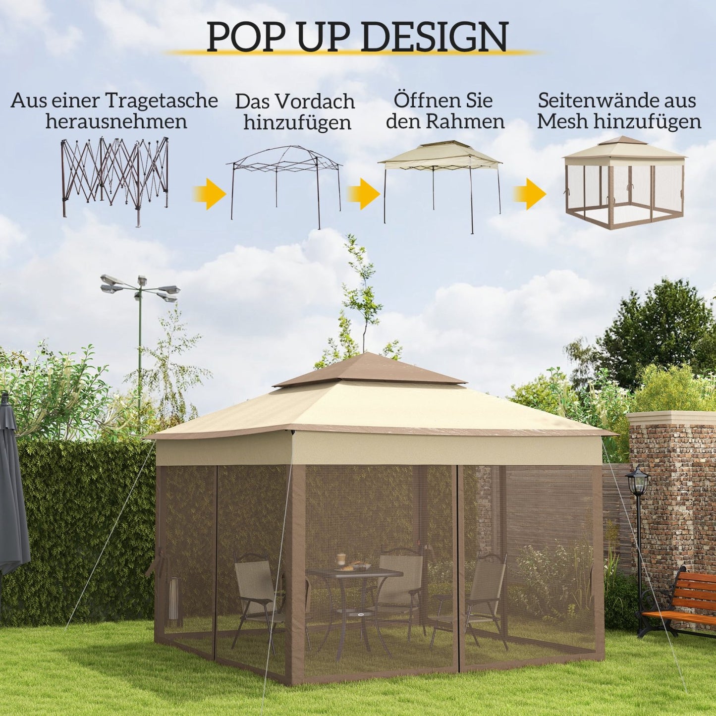 Faltpavillon, Gartenzelt, Gartenpavillon, Stabile Zelte, Pavillon Faltbar,  Seitenwände, Pop-up-Zelt, Khaki, Outsunny, 1