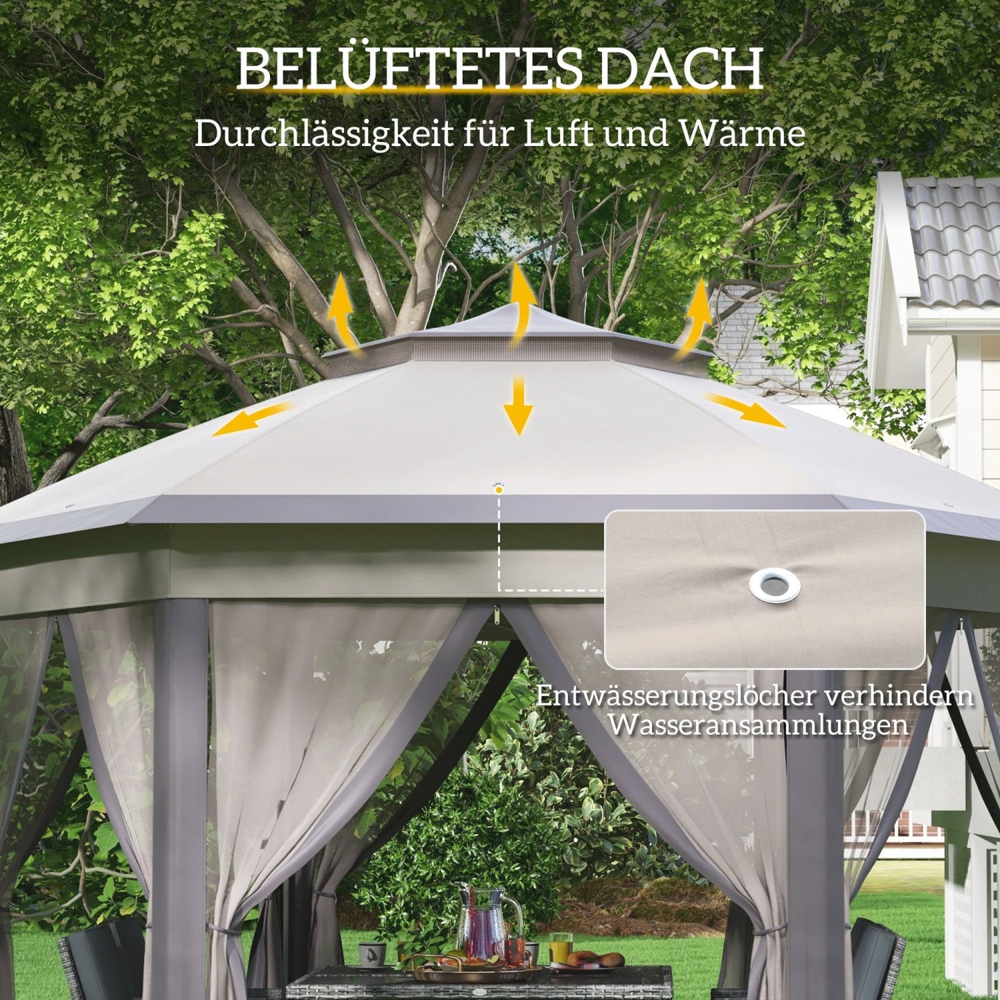 Faltpavillon, Gartenpavillon, Pavillon 4x4, Pop-Up-Zelt Partyzelt, 6 Seitenteile, Doppeldach sechseckig, Kaffee Beige, Outsunny, 5