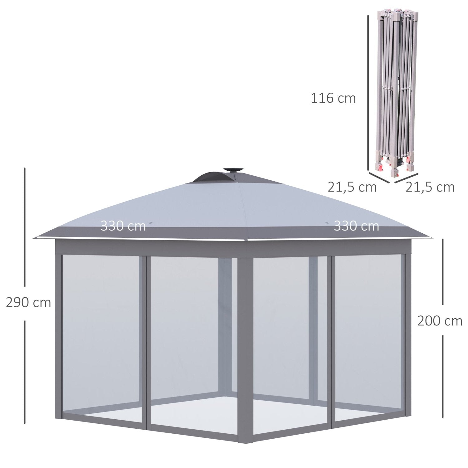 Faltpavillon, Gartenpavillon, Pavillon Faltbar, LED USB Pop-Up Mesh-Seitenwände Sonnenschutz Tasche Oxford, Grau, Outsunny, 2