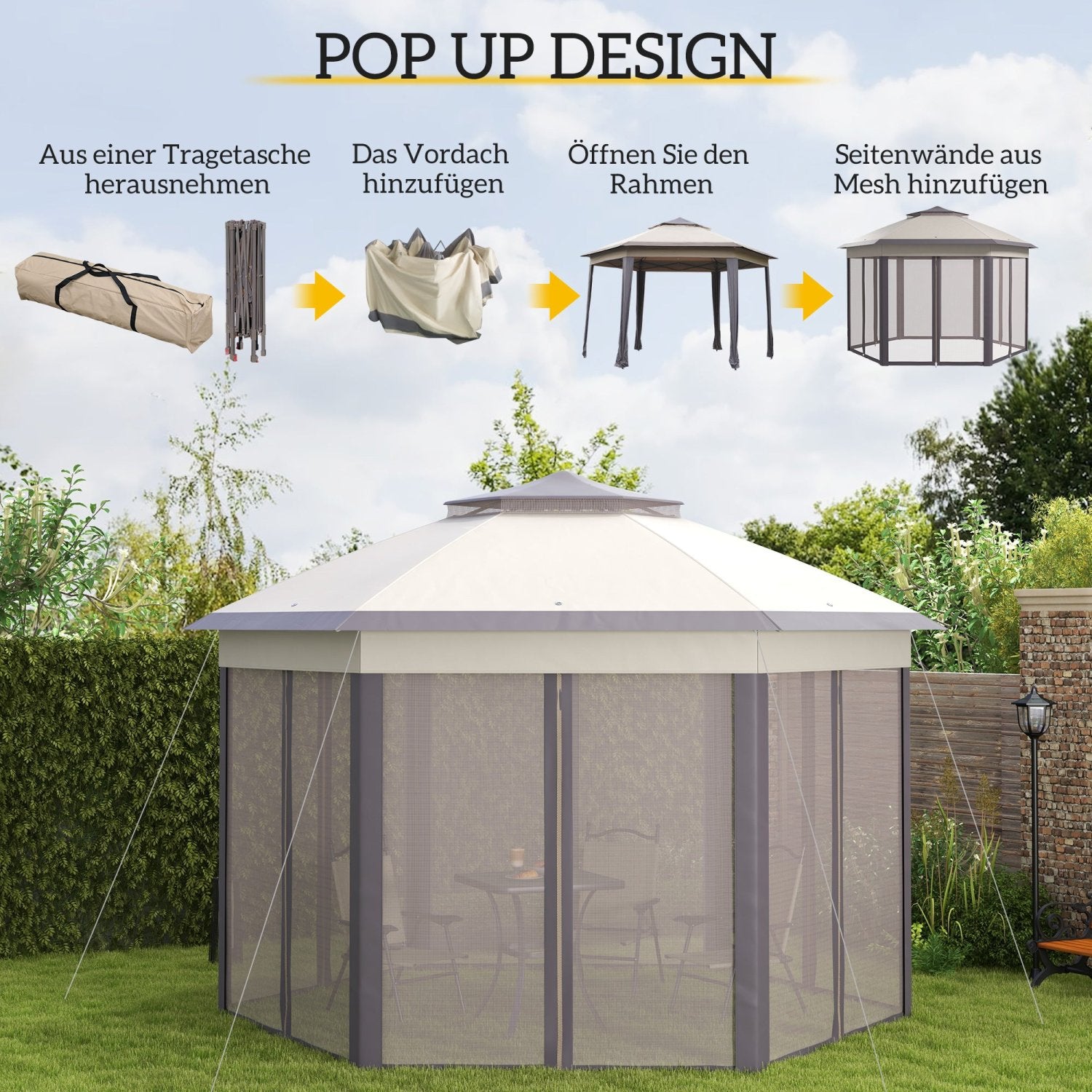 Faltpavillon, Gartenpavillon, Pavillon 4x4, Pop-Up-Zelt Partyzelt, 6 Seitenteile, Doppeldach sechseckig, Kaffee Beige, Outsunny, 1