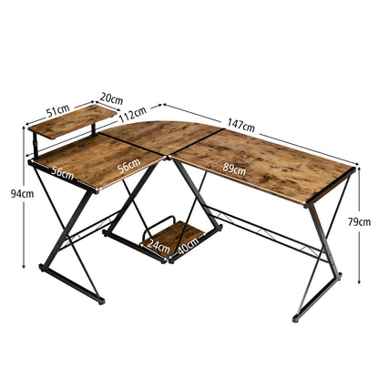 Costway - Eckschreibtisch L-Förmiger Computertisch aus Holz 147 x 112 x 79 cm Braun