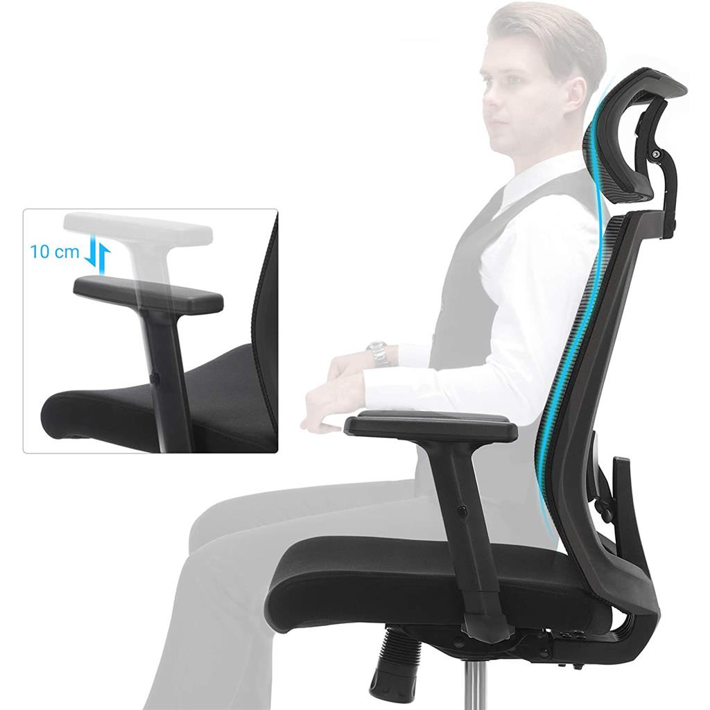 Bürostuhl, Schreibtischstuhl, Ergonomischer stuhl, mit Netzbespannung, arretierbarer Neigungswinkel bis 120°, Schwarz, Songmics, 1