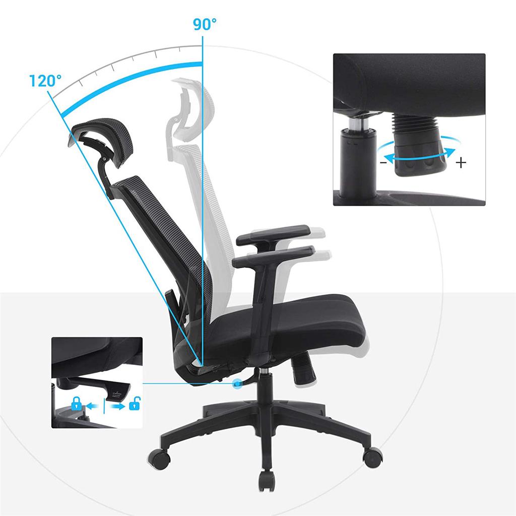 Bürostuhl, Schreibtischstuhl, Ergonomischer stuhl, mit Netzbespannung, arretierbarer Neigungswinkel bis 120°, Schwarz, Songmics, 1