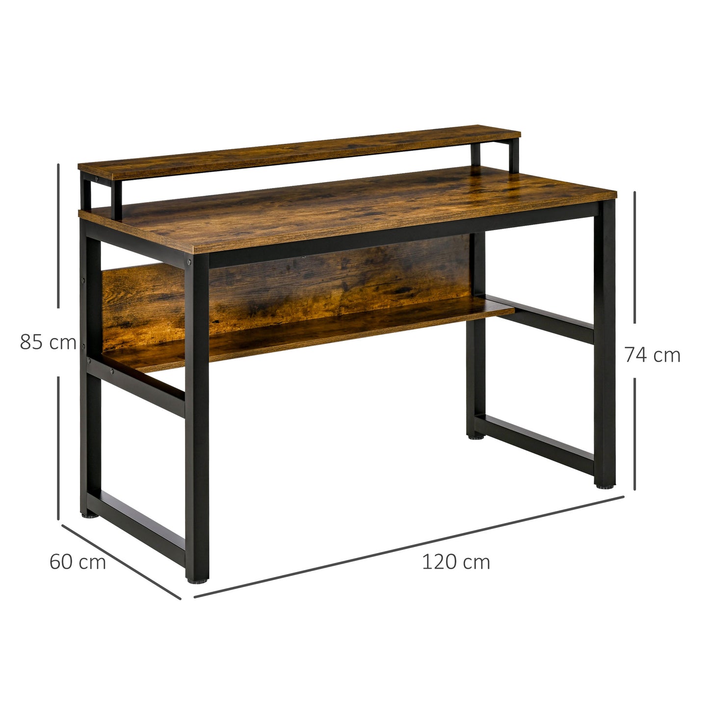 HOMCOM - Büroschreibtisch, Computertisch mit Ablage, Industriestil, Metall, Rustikales Braun, 120x60x85cm