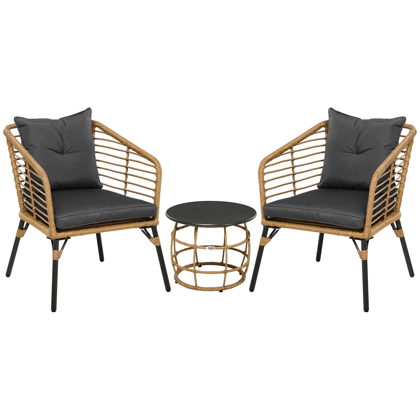 Outsunny - Rattan Gartenmöbel-Set, 3-TLG. Sitzgruppe, inkl. Couchtisch und 2 Stühle, Bistro-Set mit Kissen, Balkonmöbel, Sand+Dunkelgrau