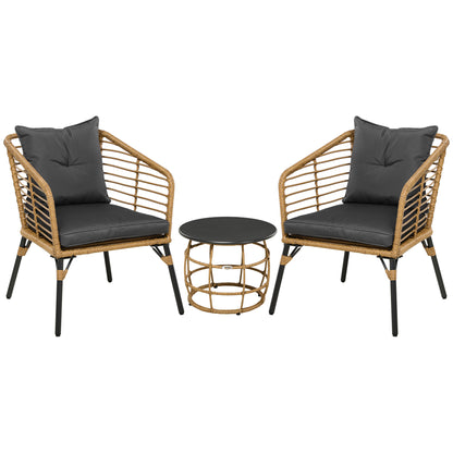 Outsunny - Rattan Gartenmöbel-Set, 3-TLG. Sitzgruppe, inkl. Couchtisch und 2 Stühle, Bistro-Set mit Kissen, Balkonmöbel, Sand+Dunkelgrau