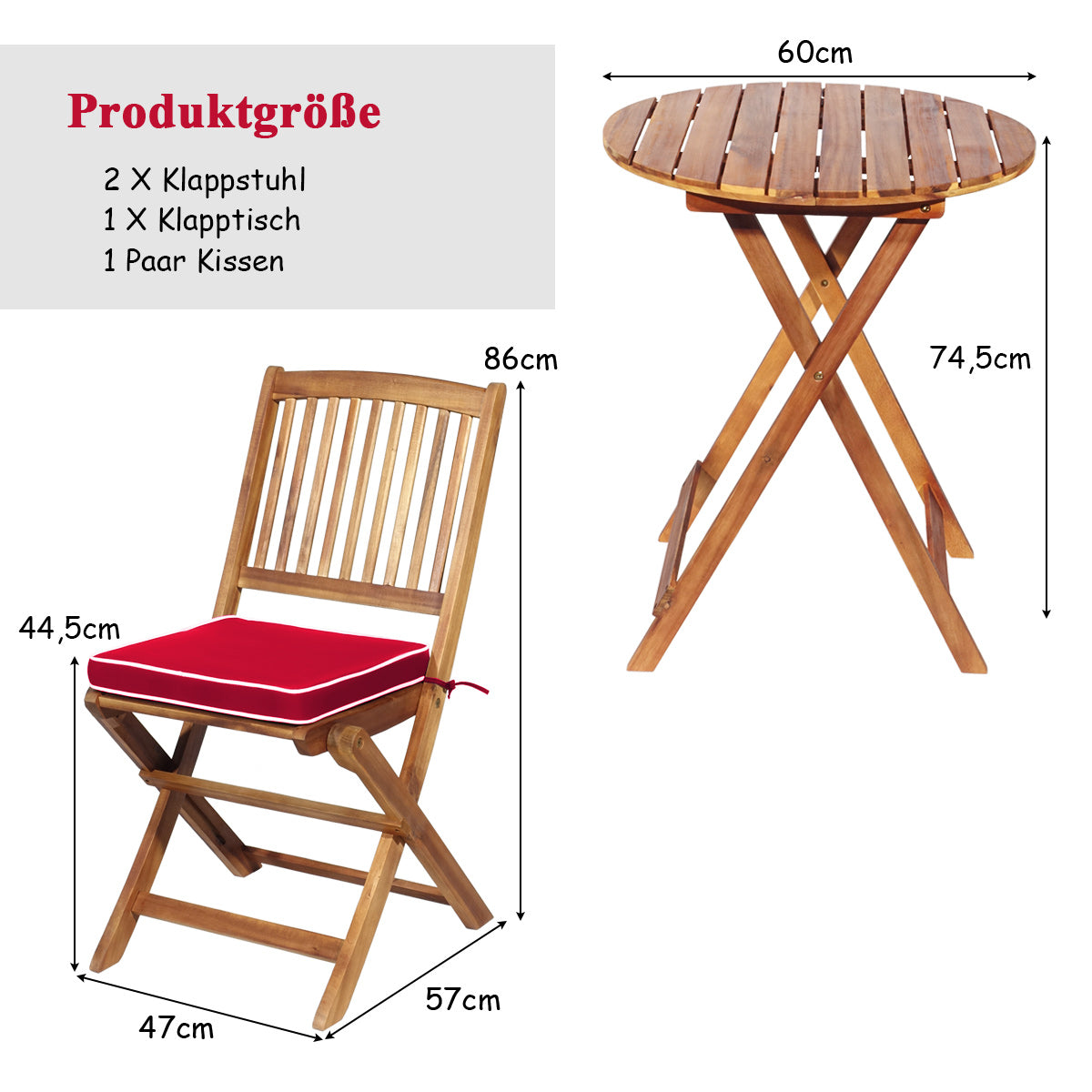 Terrassenmöbel, 3-TLG. Terrassenmöbel-Set mit Rundem Tisch & 2 Stühlen & 2 Kissen Ergonomische Sitzgarnitur, Rot, Costway, 6