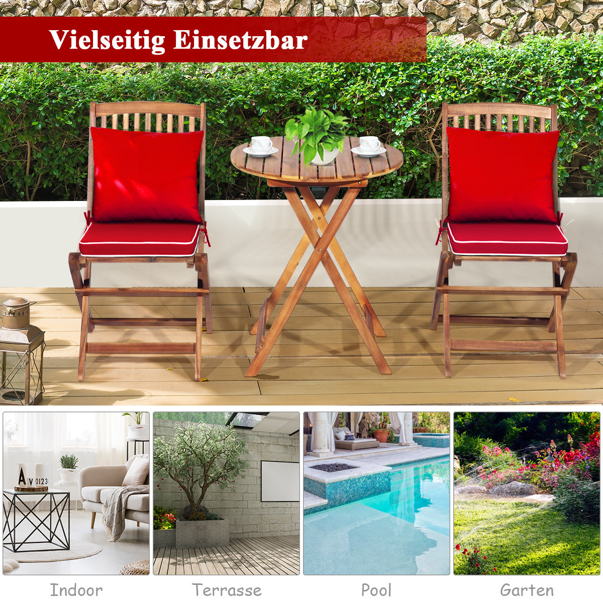 Terrassenmöbel, 3-TLG. Terrassenmöbel-Set mit Rundem Tisch & 2 Stühlen & 2 Kissen Ergonomische Sitzgarnitur, Rot, Costway, 4