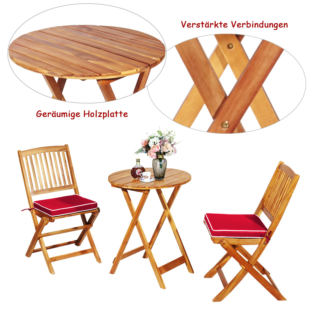 Terrassenmöbel, 3-TLG. Terrassenmöbel-Set mit Rundem Tisch & 2 Stühlen & 2 Kissen Ergonomische Sitzgarnitur, Rot, Costway, 3