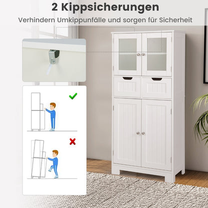 Bücherregal, Vorratsschrank Freistehender Badezimmerschrank mit 2 Glastüren, 60 x 30 x 128 cm, Weiß, Costway, 5