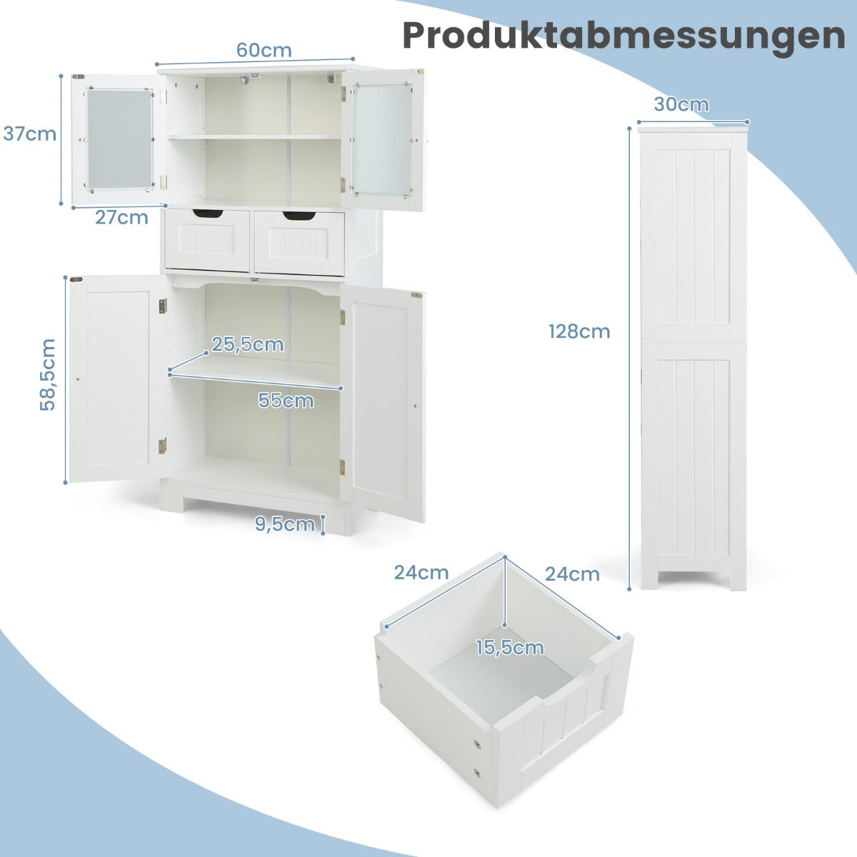 Bücherregal, Vorratsschrank Freistehender Badezimmerschrank mit 2 Glastüren, 60 x 30 x 128 cm, Weiß, Costway, 6