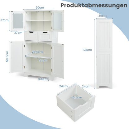 Bücherregal, Vorratsschrank Freistehender Badezimmerschrank mit 2 Glastüren, 60 x 30 x 128 cm, Weiß, Costway, 6