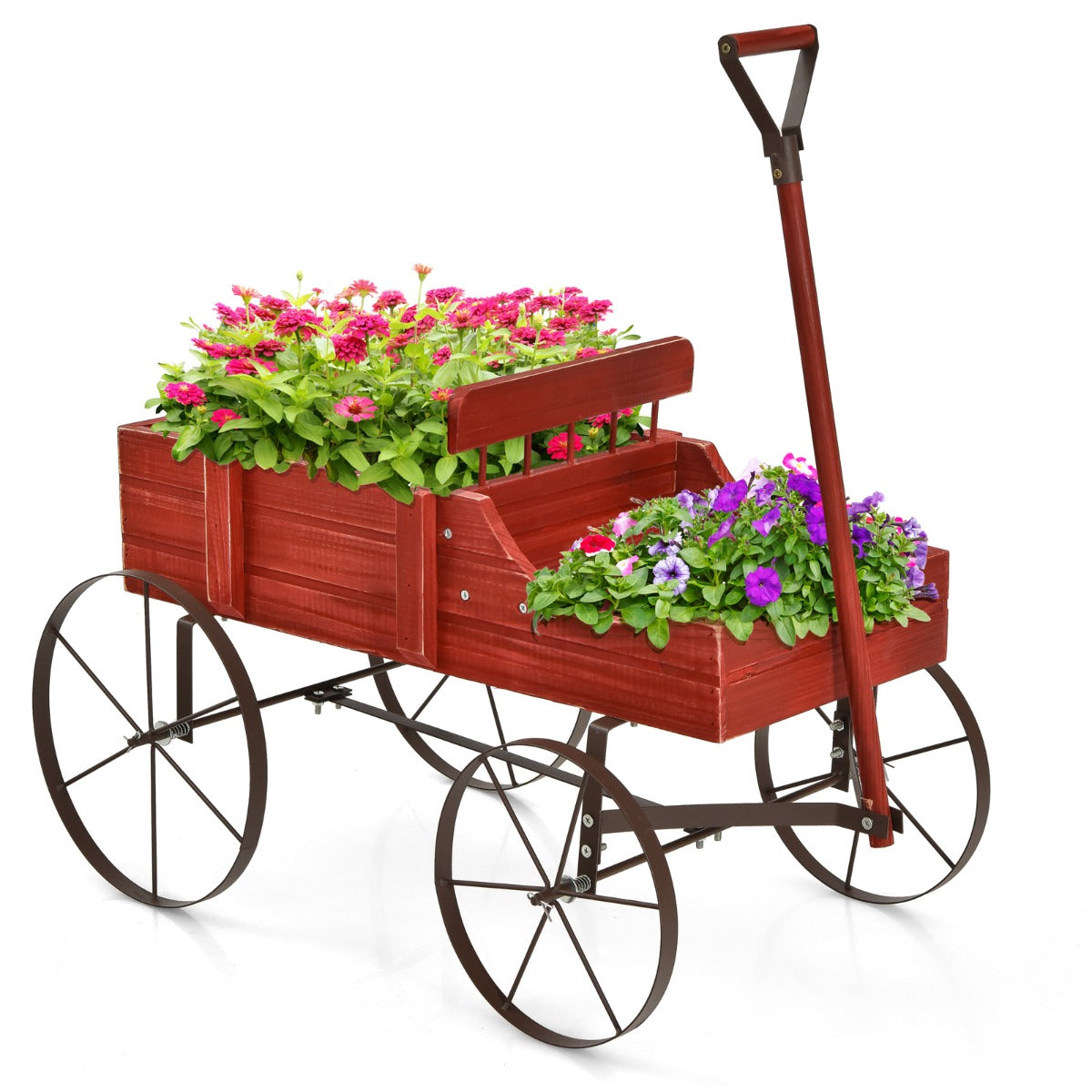 Blumenständer, Pflanzenregal, Holzwagen, Pflanzwagen, Blumenwagen mit Metall, 62 x 34 x 60 cm, Rot, Costway