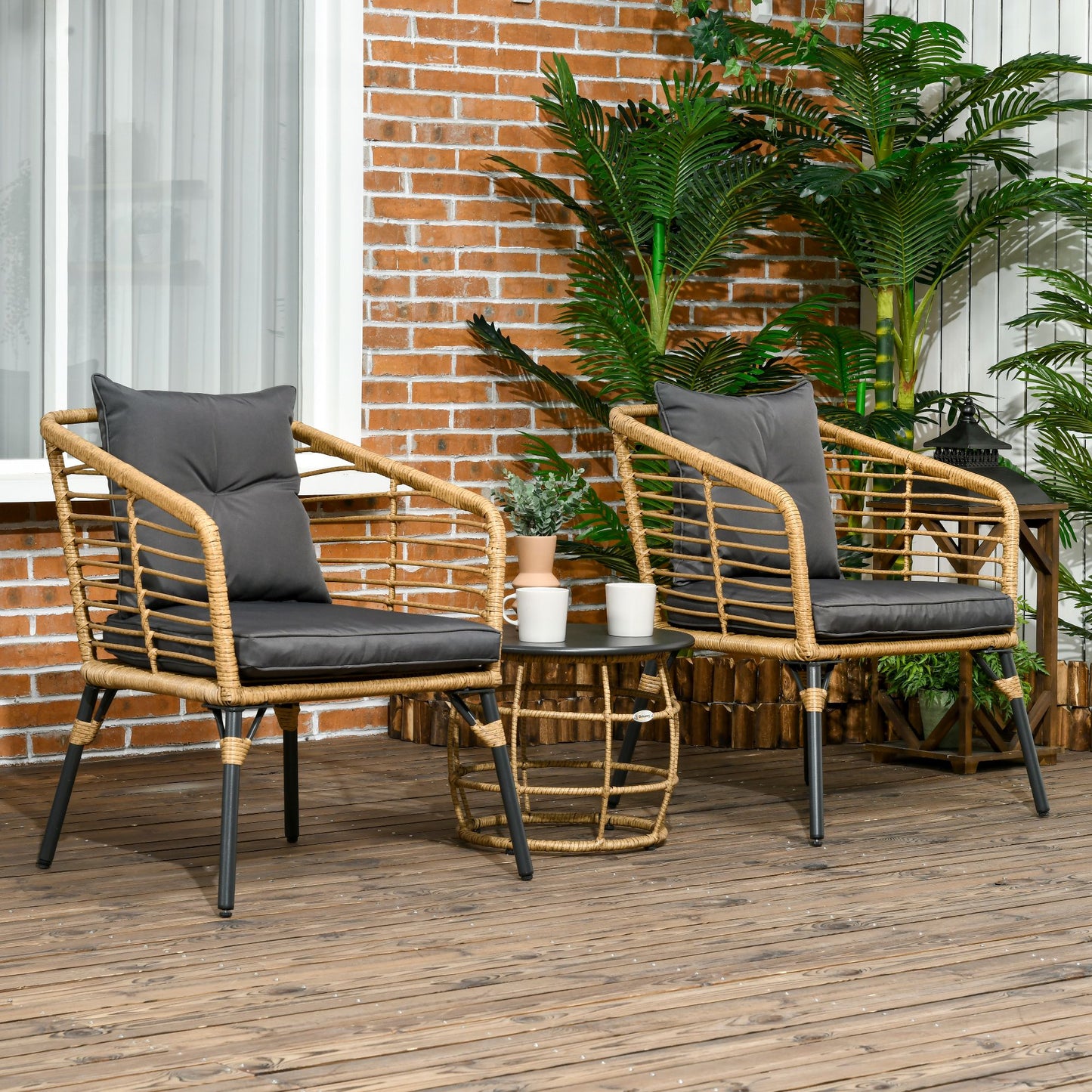 Outsunny - Rattan Gartenmöbel-Set, 3-TLG. Sitzgruppe, inkl. Couchtisch und 2 Stühle, Bistro-Set mit Kissen, Balkonmöbel, Sand+Dunkelgrau