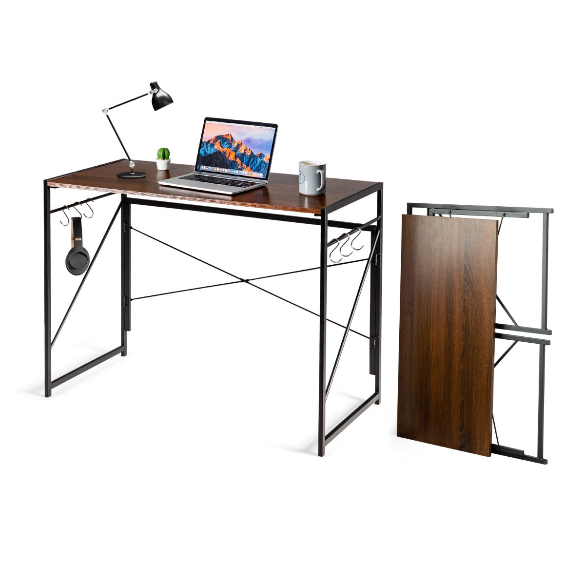 Costway - Klappbarer Computertisch Arbeitstisch mit Metallrahmen Laptop-Tisch bis 115 kg belastbar Braun 100 x 50 x 75 cm