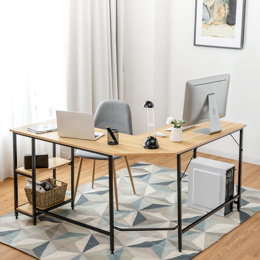 Costway - L-förmiger Schreibtisch Homeoffice-Schreibtisch mit 2 Ablageflächen 138 x 60 x 75 cm Natur