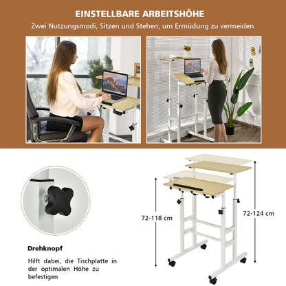 Costway - Sitz-Steh-Schreibtisch Stehschreibtisch höhenverstellbar rollender Schreibtisch Weiß + Natur