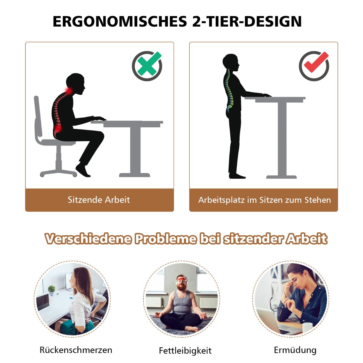 Costway - Sitz-Steh-Schreibtisch Stehschreibtisch höhenverstellbar rollender Schreibtisch Weiß + Natur