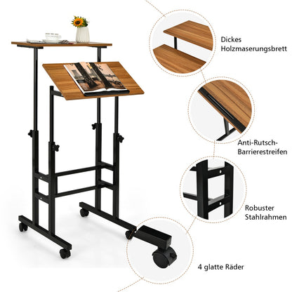 Costway - Mobiler Stehschreibtisch höhenverstellbarer Sitz-Steh-Schreibtisch Schwarz + Walnuss