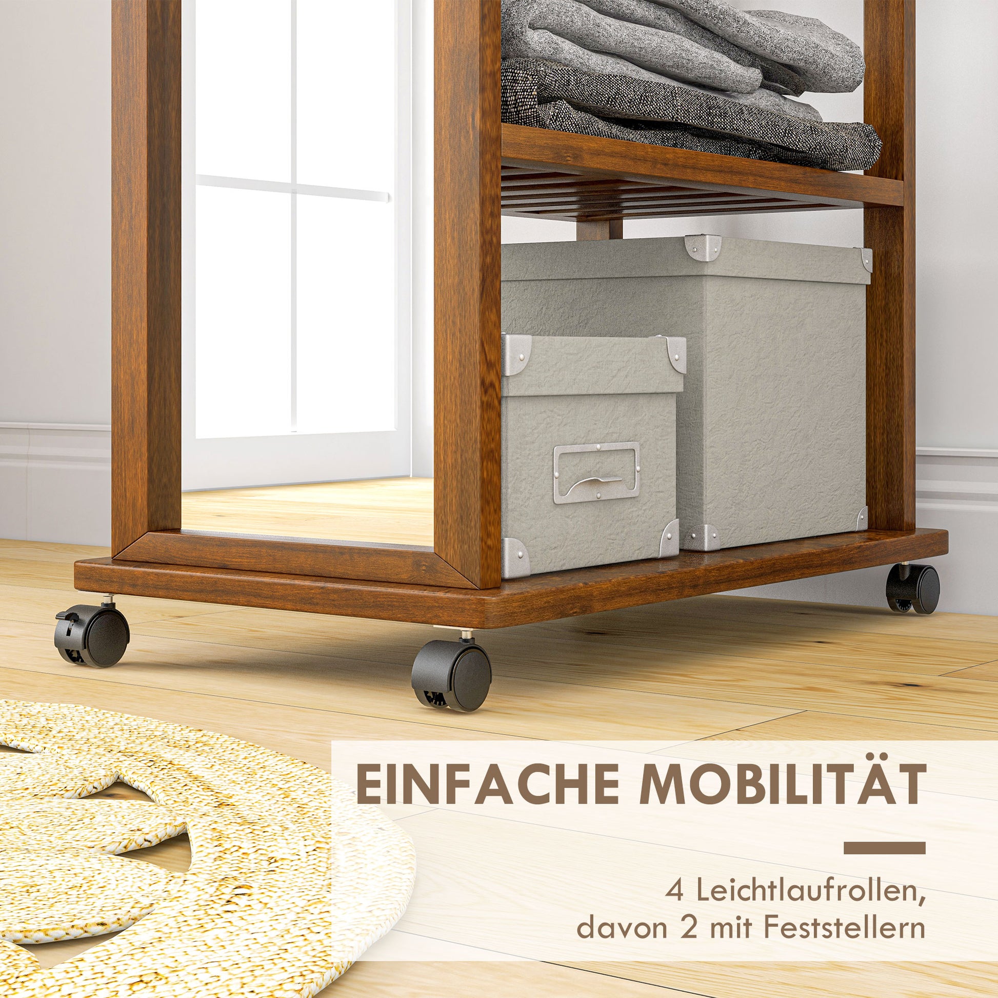 Standspiegel, Garderobe mit Spiegel, Kleiderständer Holz, Ganzkörperspiegel, Kleiderständer auf rollen, 3 Ebenen, Kiefernholz, HOMCOM, 3