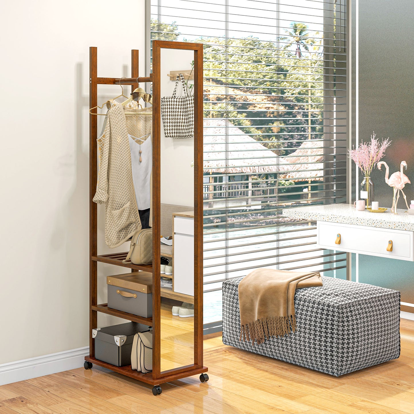 Standspiegel, Garderobe mit Spiegel, Kleiderständer Holz, Ganzkörperspiegel, Kleiderständer auf rollen, 3 Ebenen, Kiefernholz, HOMCOM