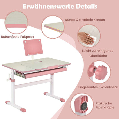 Costway - Höhenverstellbares Kinderschreibtisch mit Neigbarer Tischplatte & Bücherständer, Rosa Tisch