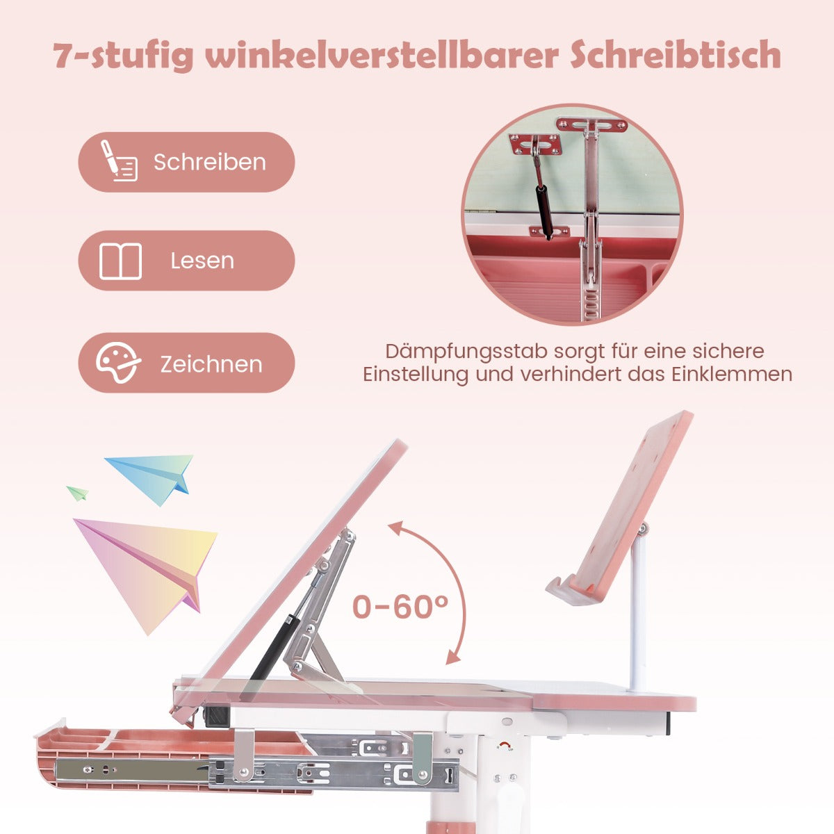 Costway - Höhenverstellbares Kinderschreibtisch mit Neigbarer Tischplatte & Bücherständer, Rosa Tisch