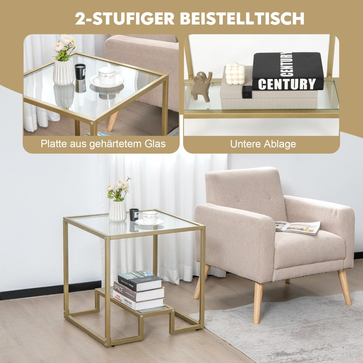 Couchtisch, Beistelltisch, Nachttisch, Sofatisch, Glastisch, Beistelltisch mit Glas Tischplatte, Gold, Costway, 5