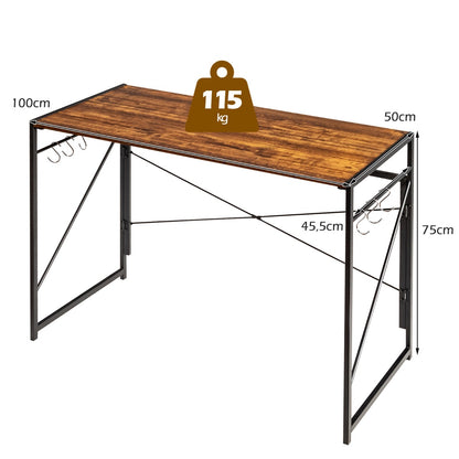 Costway - Klappbarer Computertisch Arbeitstisch mit Metallrahmen Laptop-Tisch bis 115 kg belastbar 100 x 50 x 75 cm Rustikales Braun