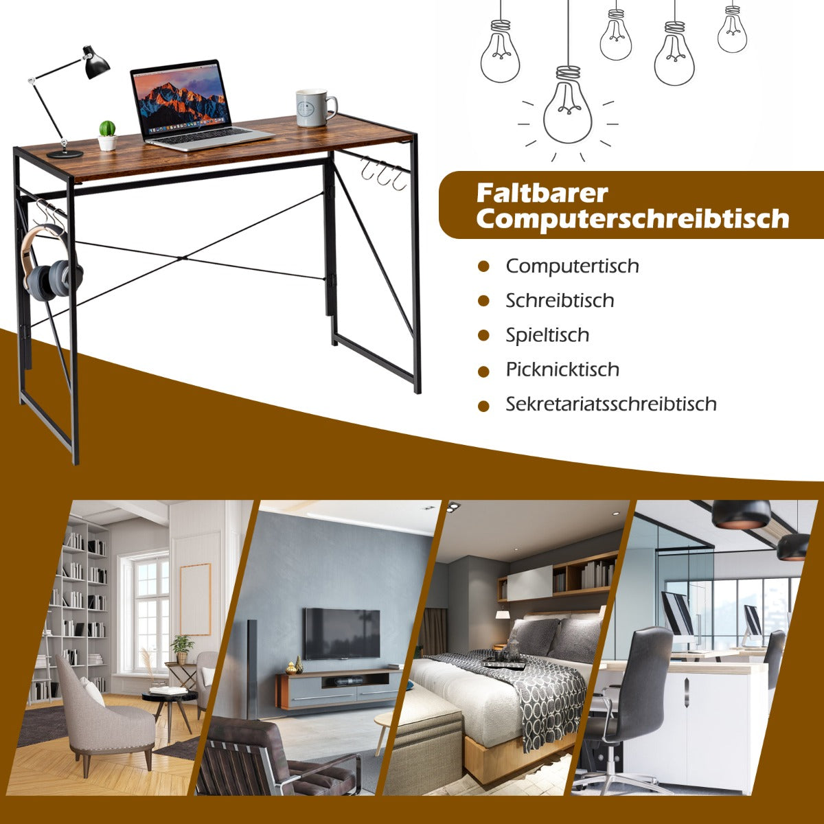 Costway - Klappbarer Computertisch Arbeitstisch mit Metallrahmen Laptop-Tisch bis 115 kg belastbar 100 x 50 x 75 cm Rustikales Braun