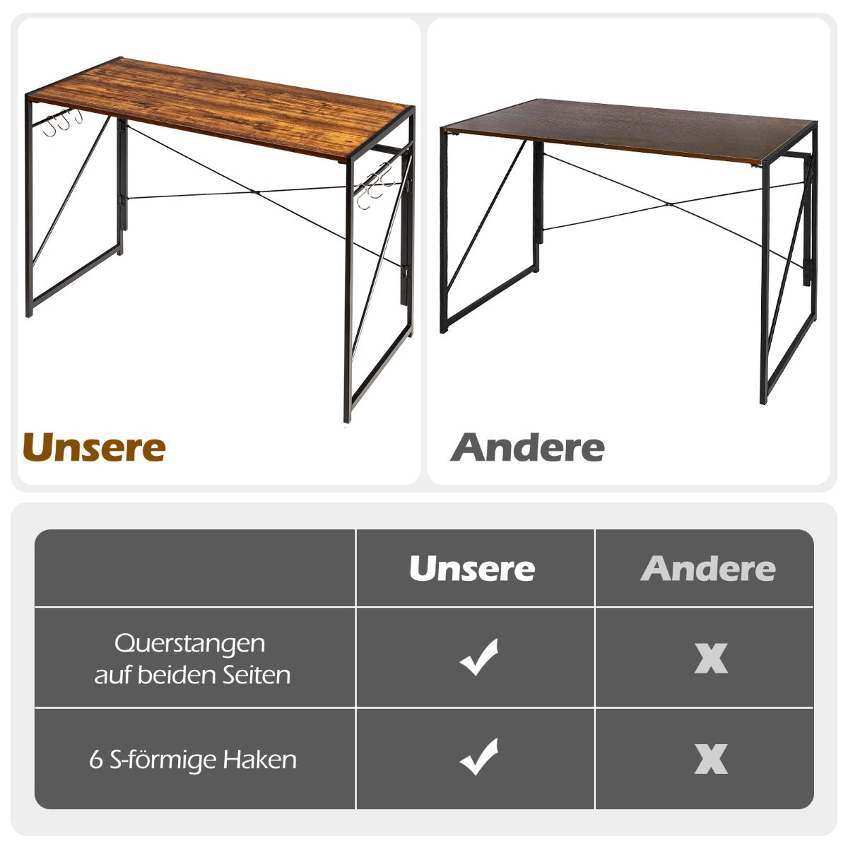 Costway - Klappbarer Computertisch Arbeitstisch mit Metallrahmen Laptop-Tisch bis 115 kg belastbar 100 x 50 x 75 cm Rustikales Braun