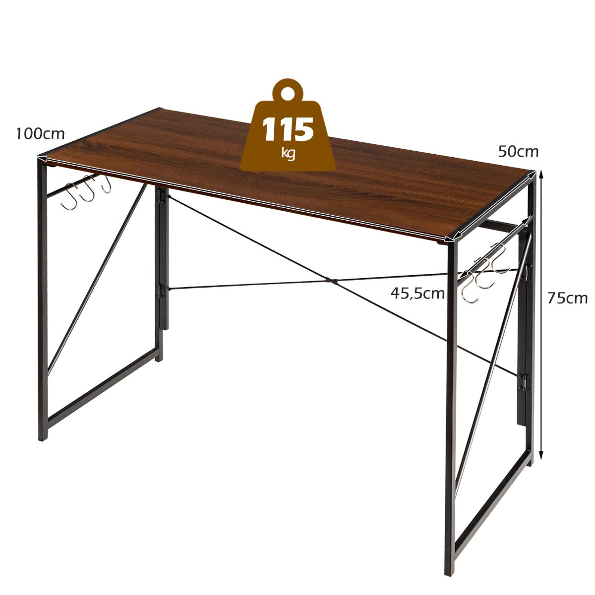 Costway - Klappbarer Computertisch Arbeitstisch mit Metallrahmen Laptop-Tisch bis 115 kg belastbar Braun 100 x 50 x 75 cm